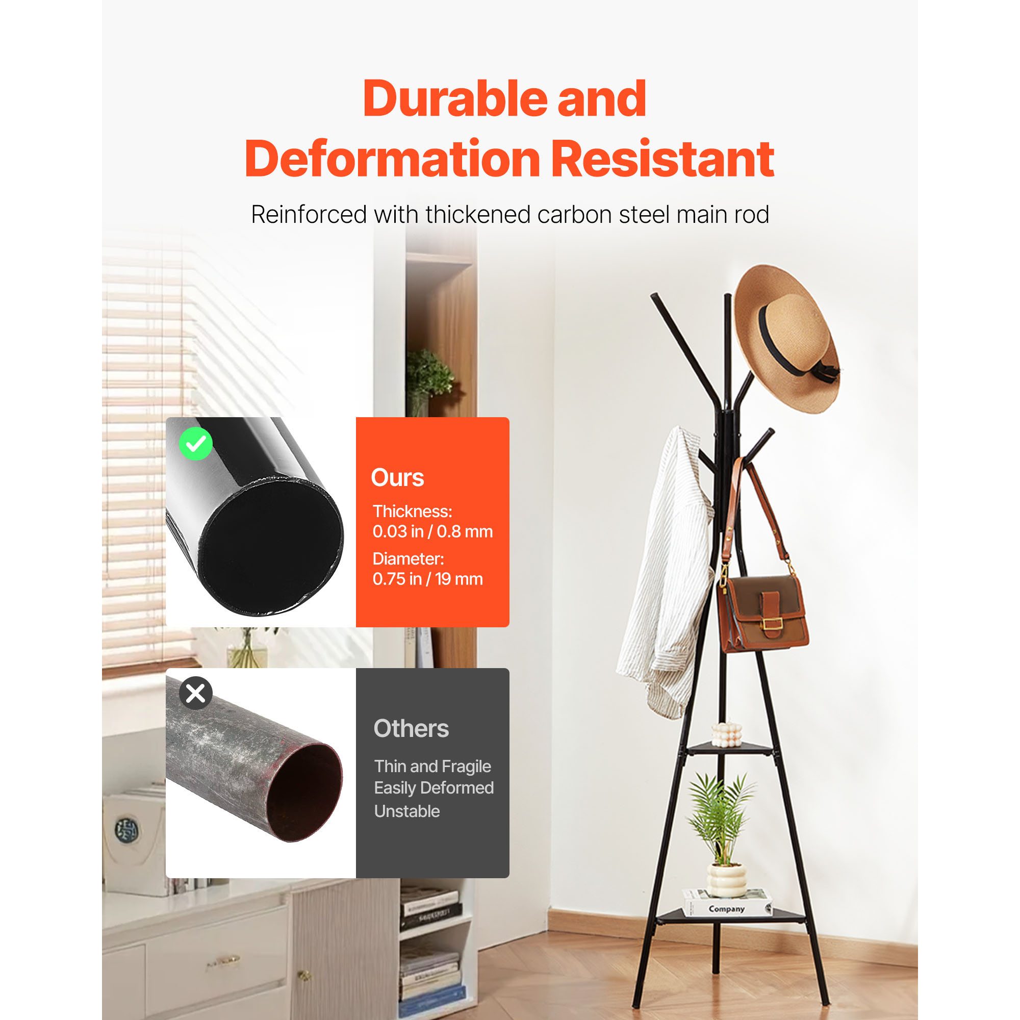 Coat Rack Freestanding Coats Rack Stand With 2 Shelves & 6 Hooks_voghion.com